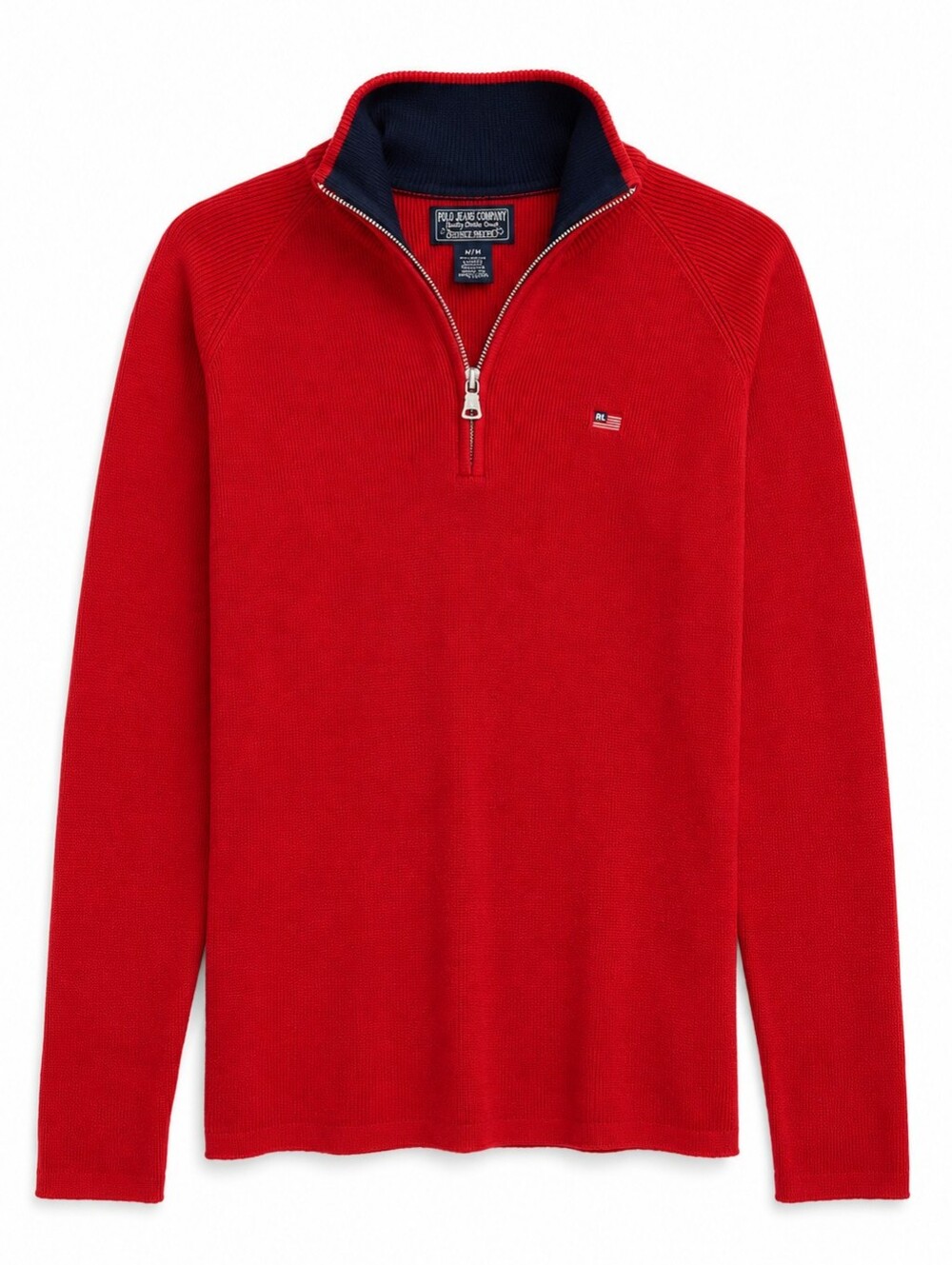 Vintage 90s Polo Jeans Ralph Lauren Red Black Cotton 1/4 Zip Sweater M, Preppy